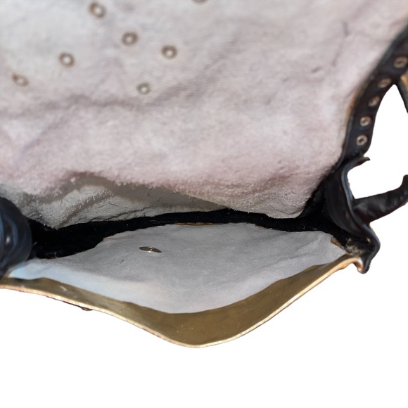 R Tash Of Miami Leather Crossbody Bag Metallic Gold And Black Tassels Metal Stud - Picture 8 of 9